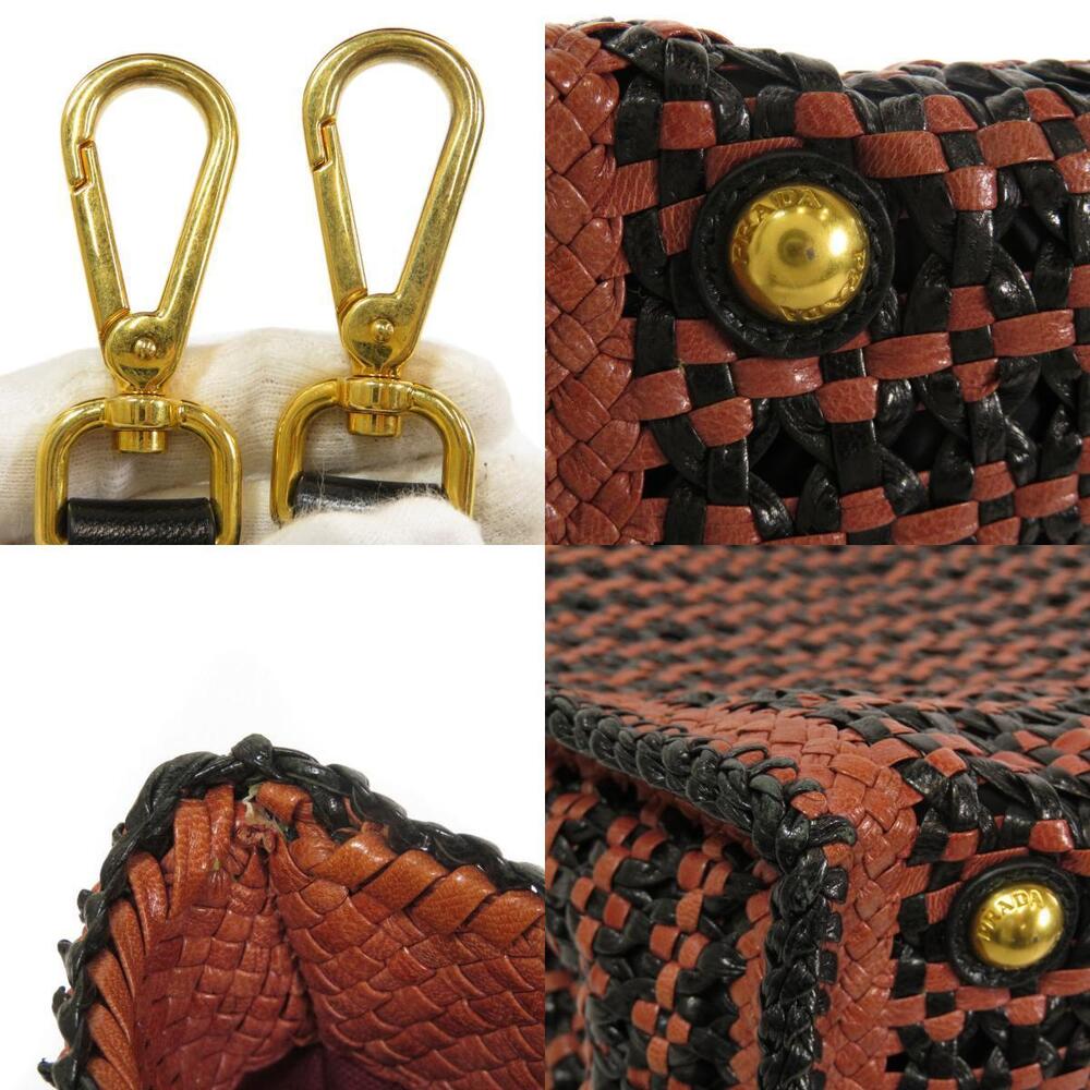 Prada Madras Woven Leather Tote Bag black brown leather weaving - Picture 9 of 11